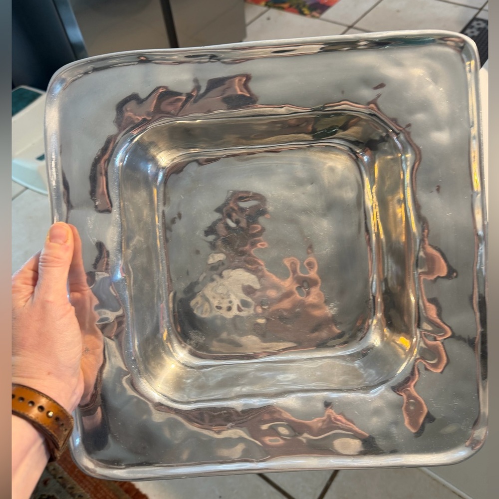 Vintage polished aluminum Pyrex serving dish made in Mexico